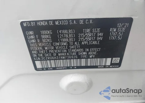 2022 Honda Hr-V Awd Lx из США, поврежденный, VIN 3CZRU6H31NM736926